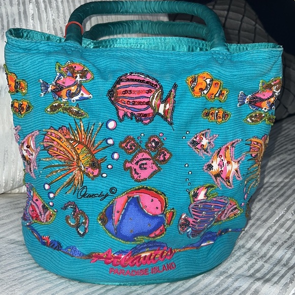 Atlantis Paradise Island Beach Tote Bag Beads Sequins and Satiny Aqua and Fish - Picture 4 of 17